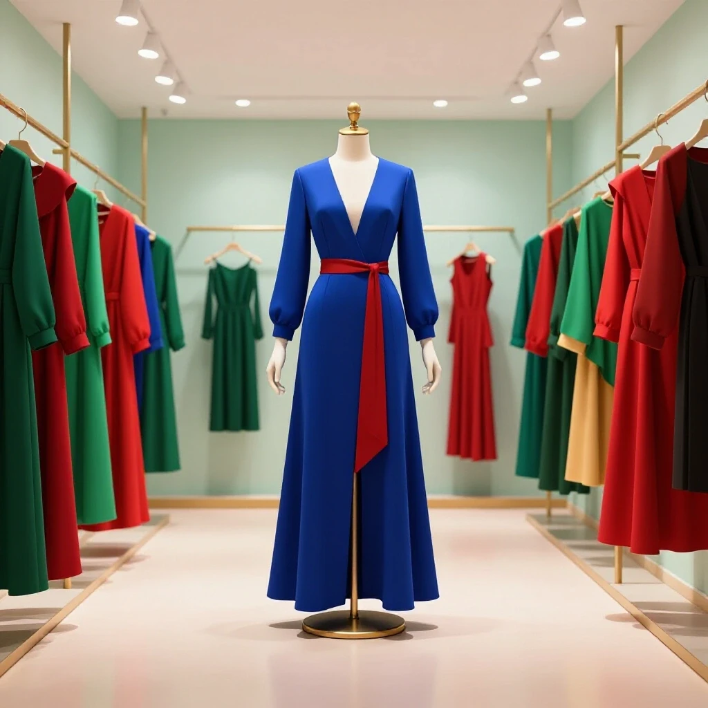 Stylish boutique interior featuring an elegant mannequin surrounded by colorful garments in rich colors.