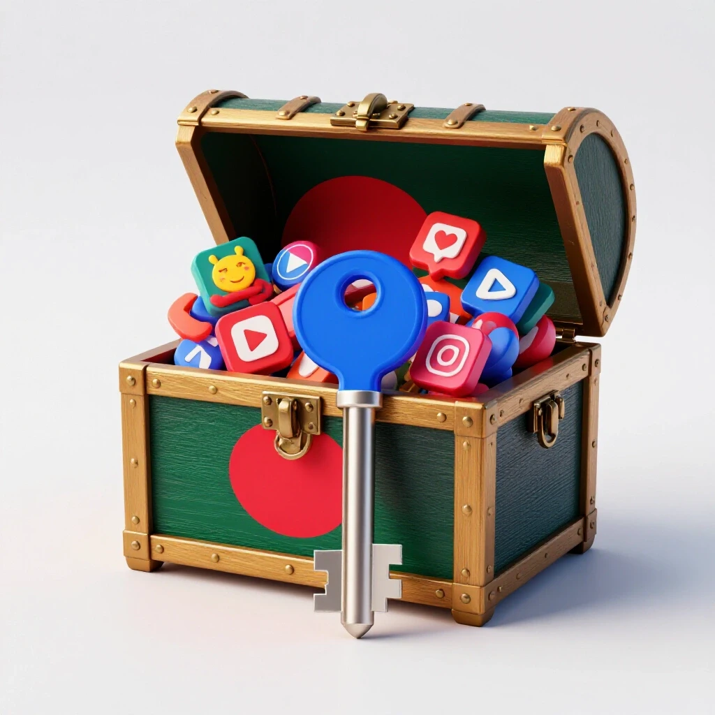 A colorful key unlocking a treasure chest filled with social media icons against the Bangladesh flag backdrop.