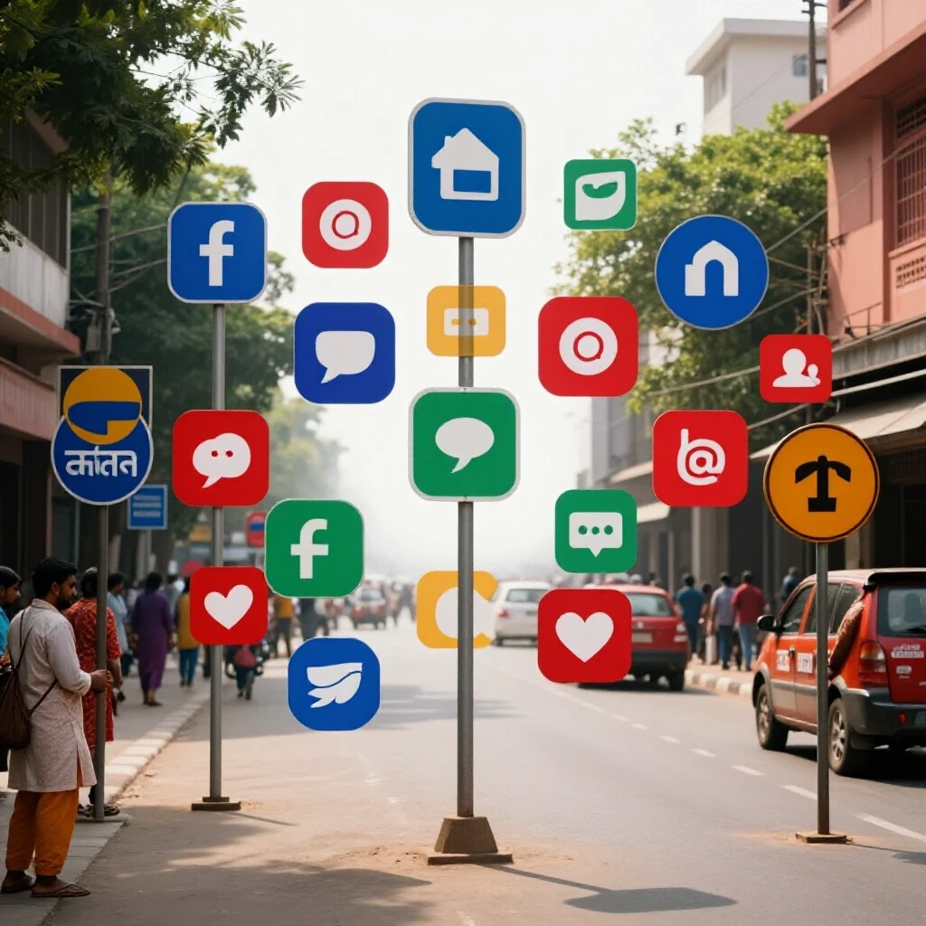 A vibrant street scene in Bangladesh where colorful traffic signs transform into social media icons, illustrating digital traffic flow.