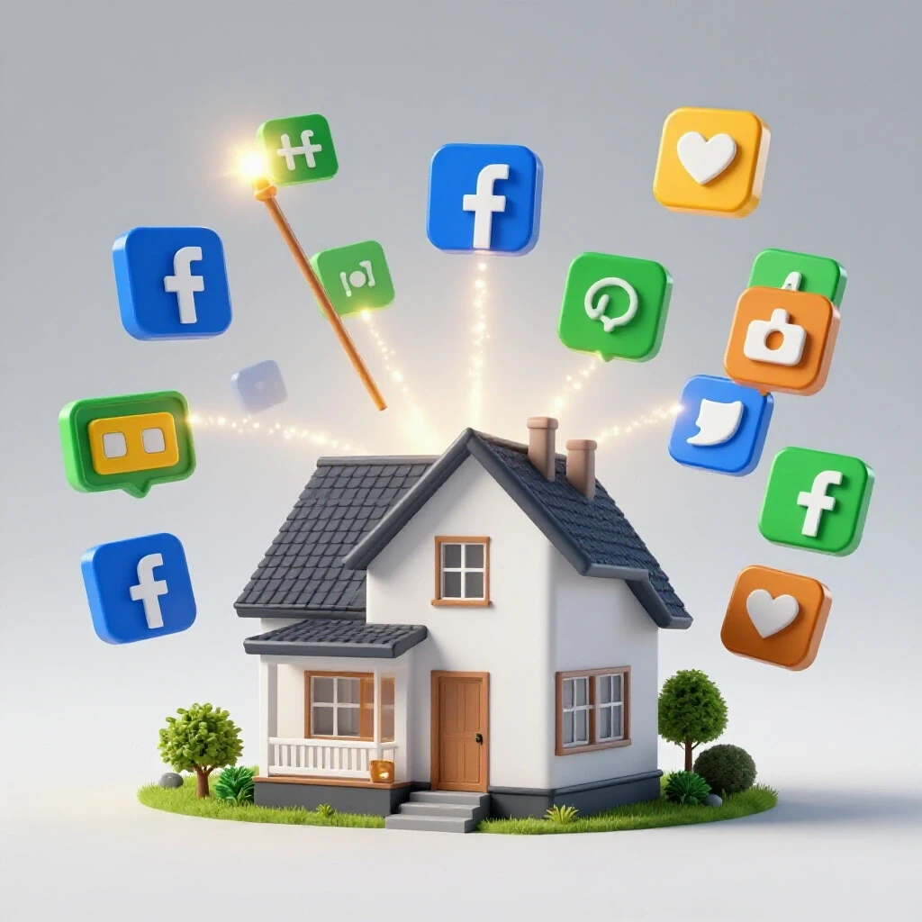 A sparkling clean home surrounded by vibrant social media icons and a wand casting a magical light effect.