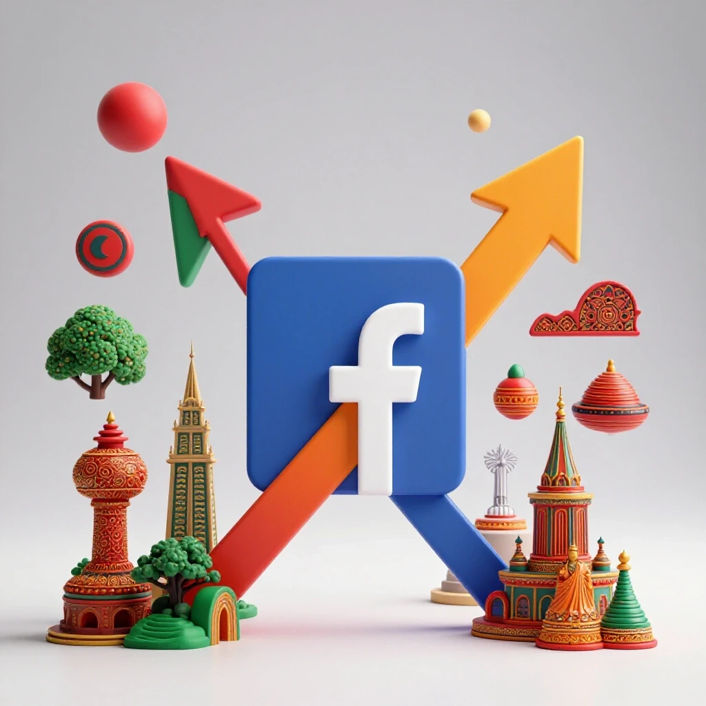 A vibrant upward-trending arrow intersects the Facebook logo, surrounded by Bangladeshi cultural motifs symbolizing growth.