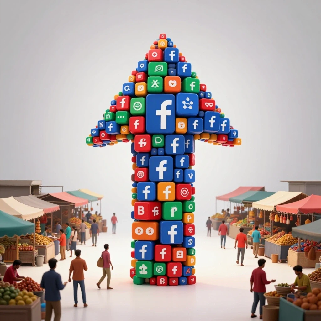 A colorful arrow made of Facebook icons rising above a busy market scene in Bangladesh, symbolizing growth for small businesses.