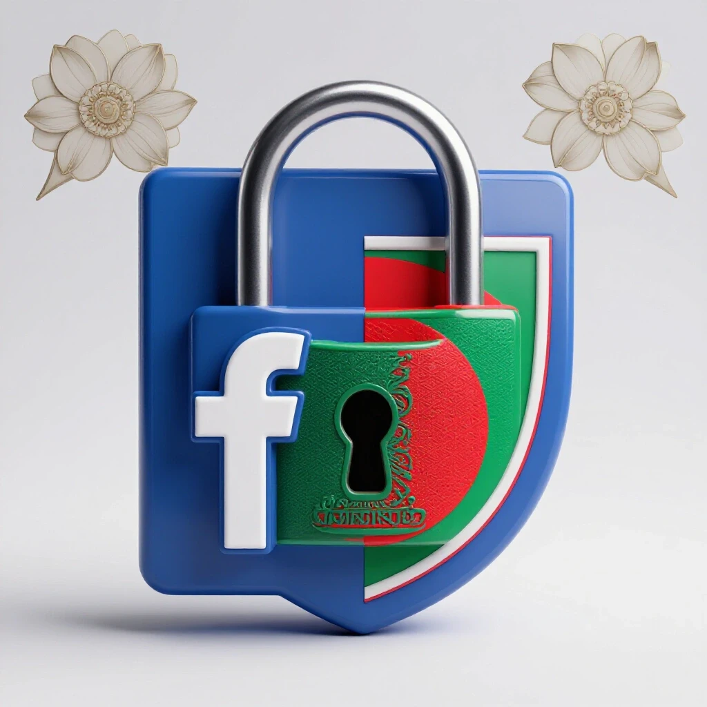 A vibrant 3D representation of a fortified lock within the Facebook logo, surrounded by Bangladeshi cultural motifs.