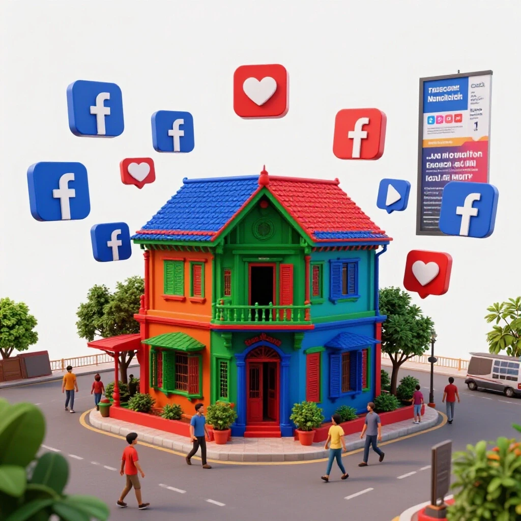 A vibrant street scene in Bangladesh featuring a colorful house surrounded by floating Facebook icons and digital ads, symbolizing social media growth.