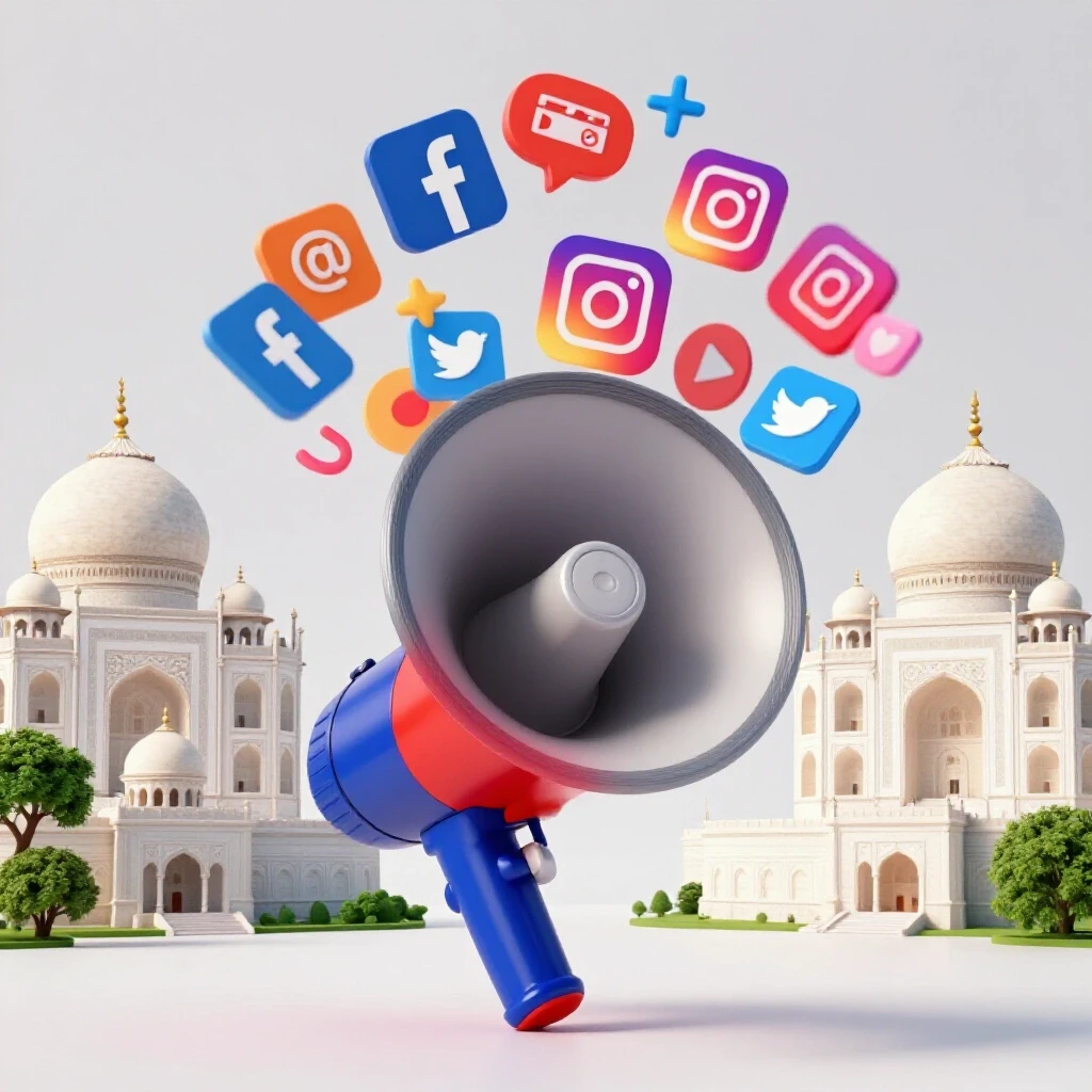 Colorful megaphone with social media icons in front of Bangladesh landmarks on a bright background.