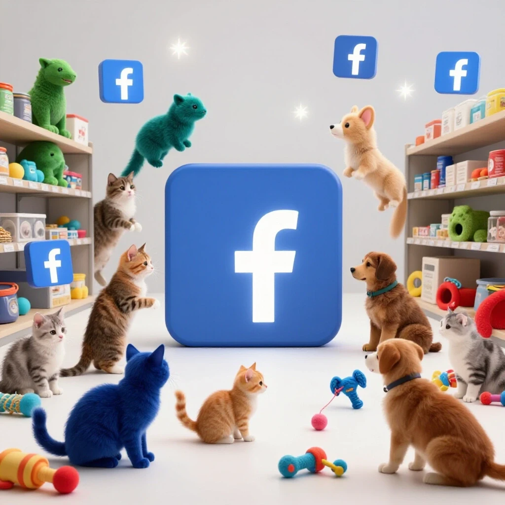 A lively pet shop scene showcasing playful pets surrounded by glowing Facebook icons, symbolizing the power of Facebook ads for pet businesses.