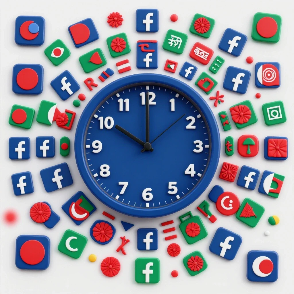 Vibrant clock at 7 o'clock surrounded by colorful Facebook icons and Bangladeshi symbols on a bright background.