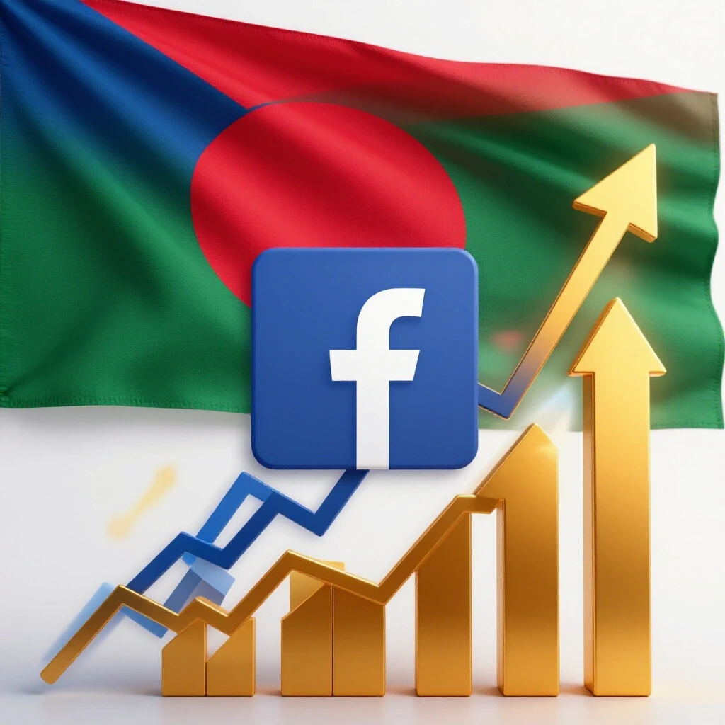 A dynamic 3D composition representing growth in sales with elements of the Bangladeshi flag and Facebook logo.