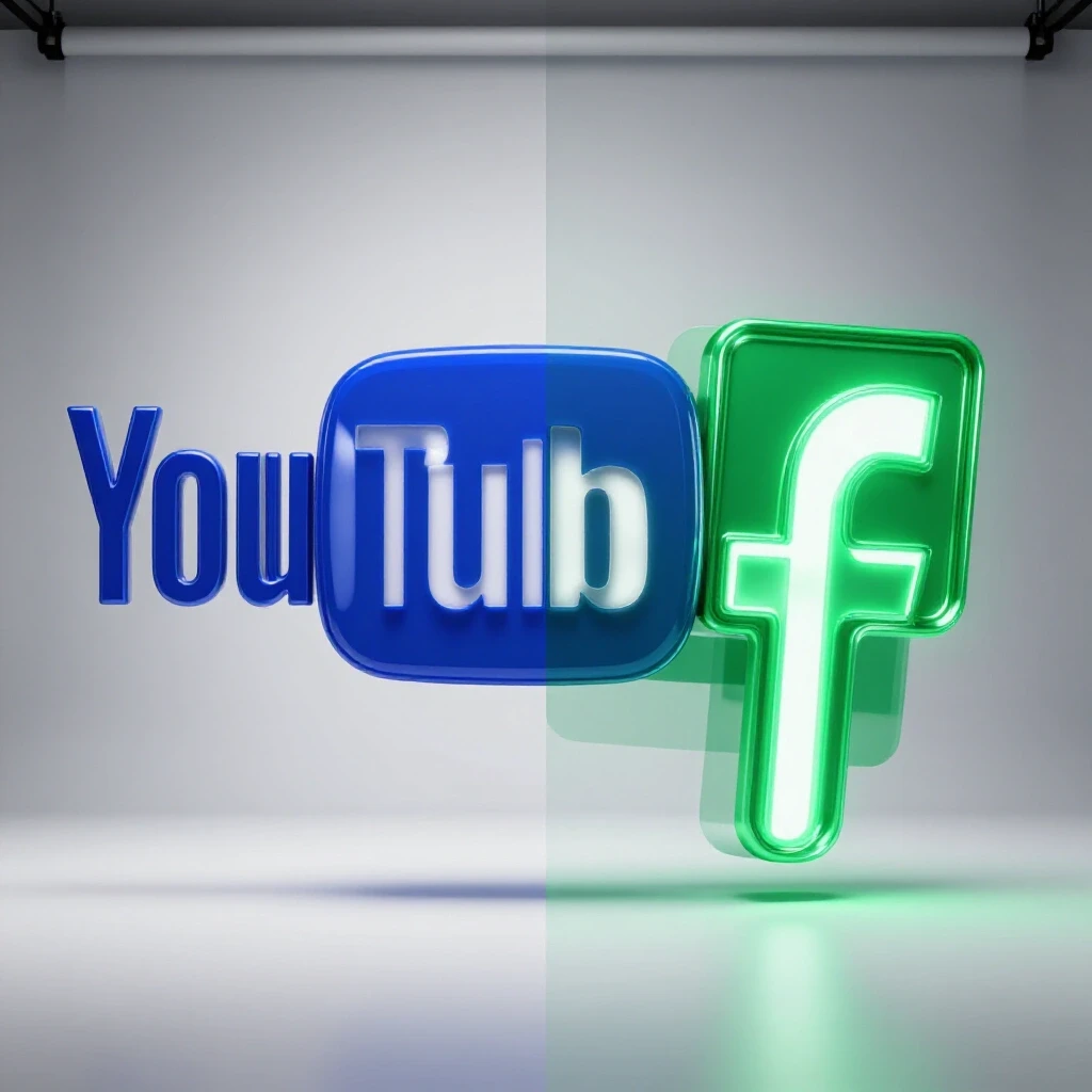 Dynamic split-screen image featuring a vivid YouTube logo and a glowing Facebook logo, symbolizing social media growth.
