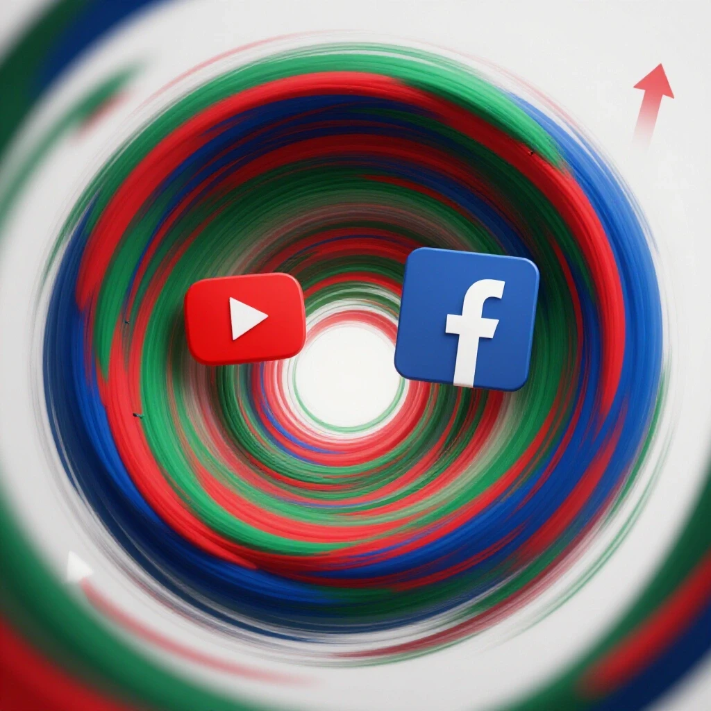 A vibrant 3D design of a vortex merging YouTube and Facebook logos against the Bangladesh flag, symbolizing social media growth.