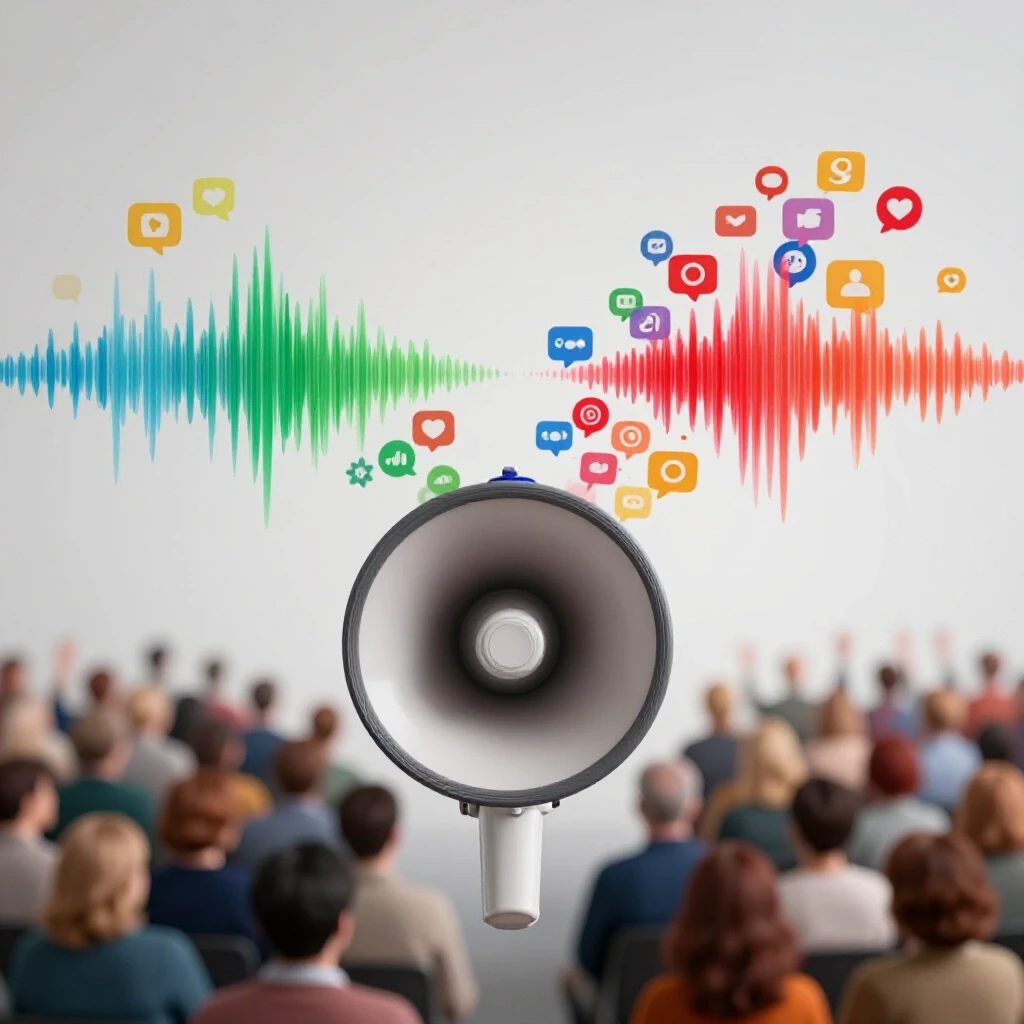 A vibrant megaphone projecting colorful sound waves transforming into social media icons, symbolizing brand awareness.