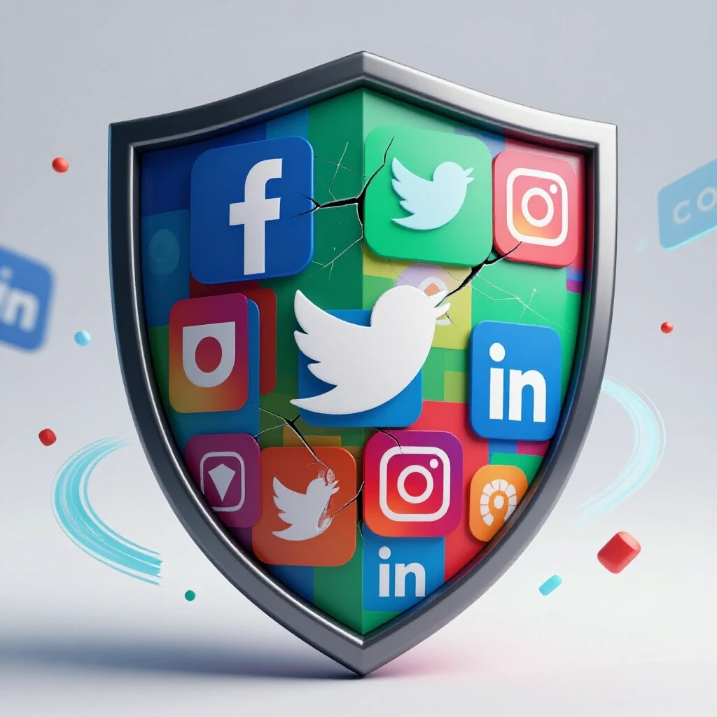 3D-rendered shield made of vibrant social media icons with cracks, set against a chaotic digital backdrop.