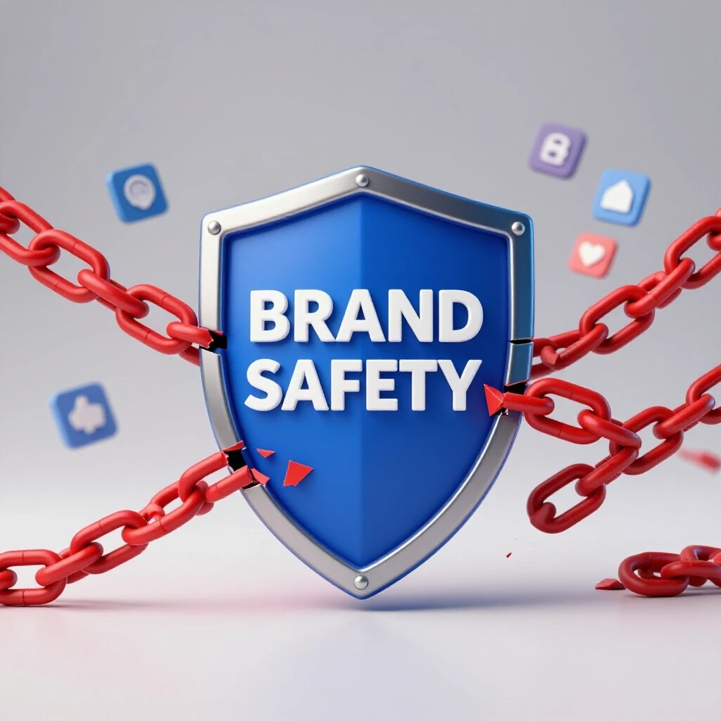 A blue shield symbolizing brand safety and a broken chain representing limitations, in a bright studio setting.