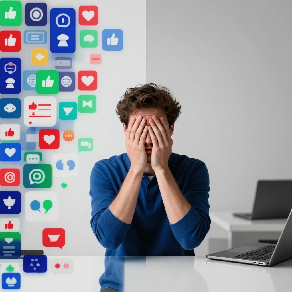 A vibrant split-image contrasting a lively social media scene with a solitary figure surrounded by unutilized branding tools.