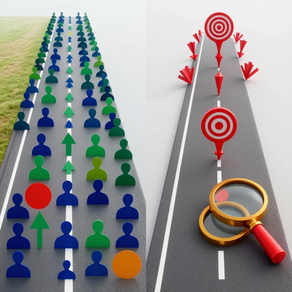 A split-image illustration contrasting broad targeting and interest targeting in social media ads, featuring vibrant road elements and precise targeting symbols.