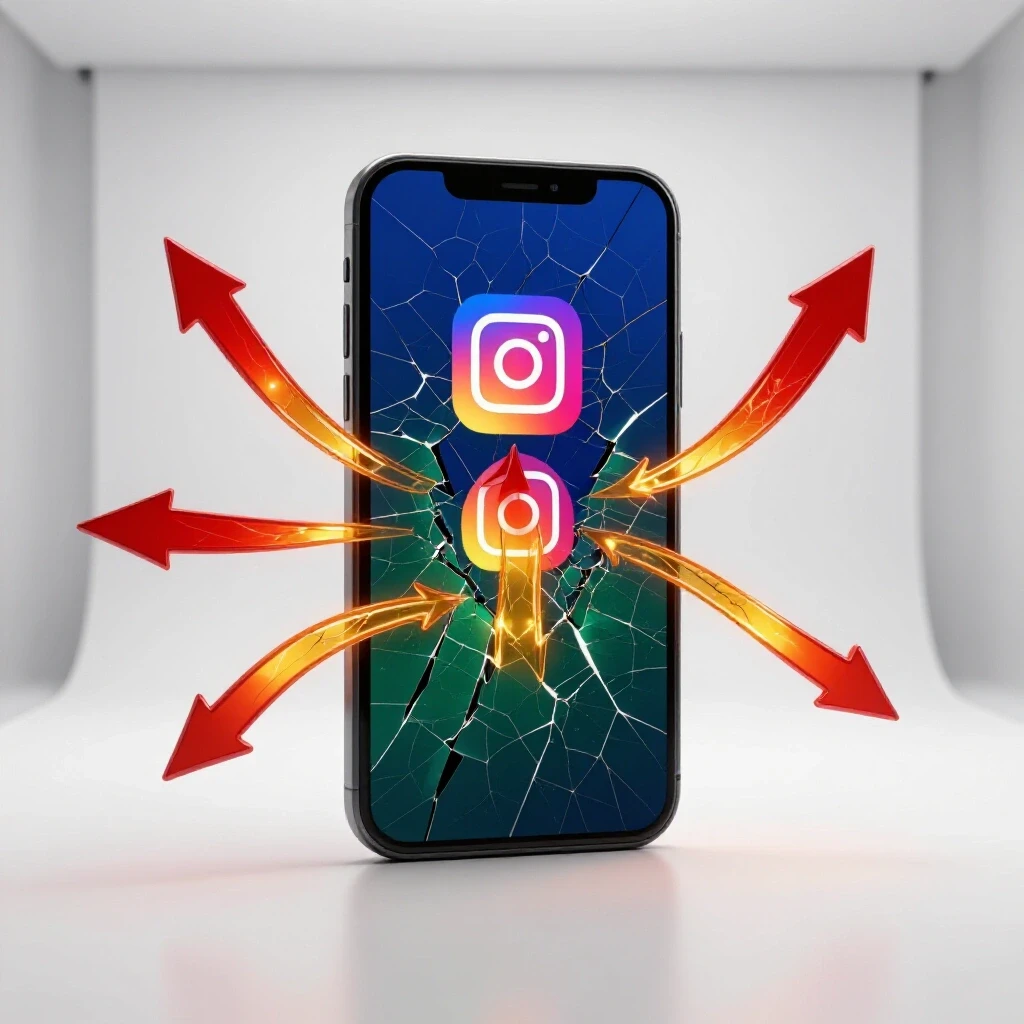 A cracked smartphone screen with the Instagram logo and glowing arrows symbolizing improved tracking data flow.