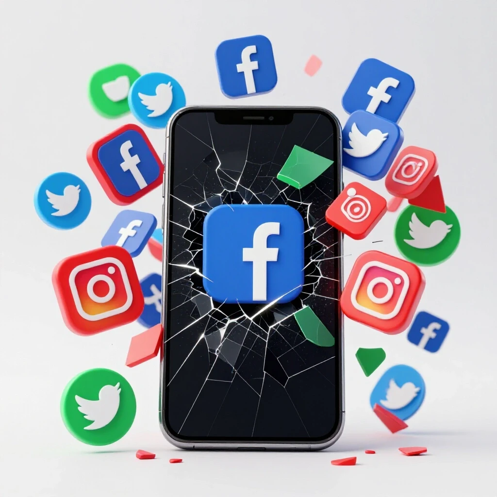 A cracked smartphone screen with colorful social media icons bursting out, symbolizing integration chaos.