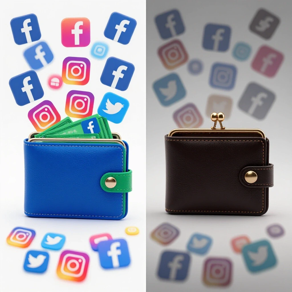 A split-screen image showing a vibrant overflowing wallet with social media icons and an empty wallet with faded icons, illustrating budget impact on ad performance.