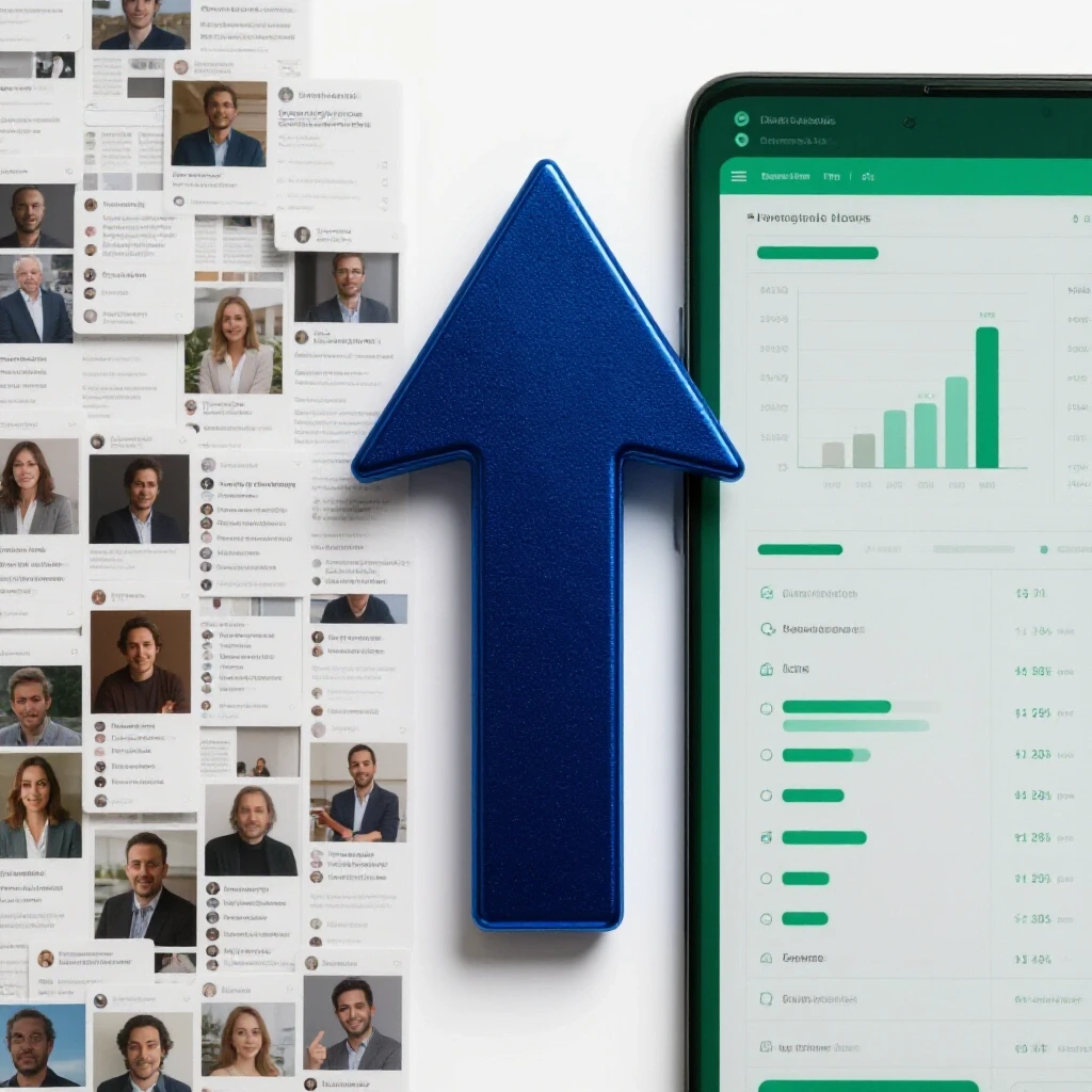 A vibrant upward arrow emerging from a cluttered social media feed alongside an organized analytics dashboard, symbolizing social media growth effectiveness.