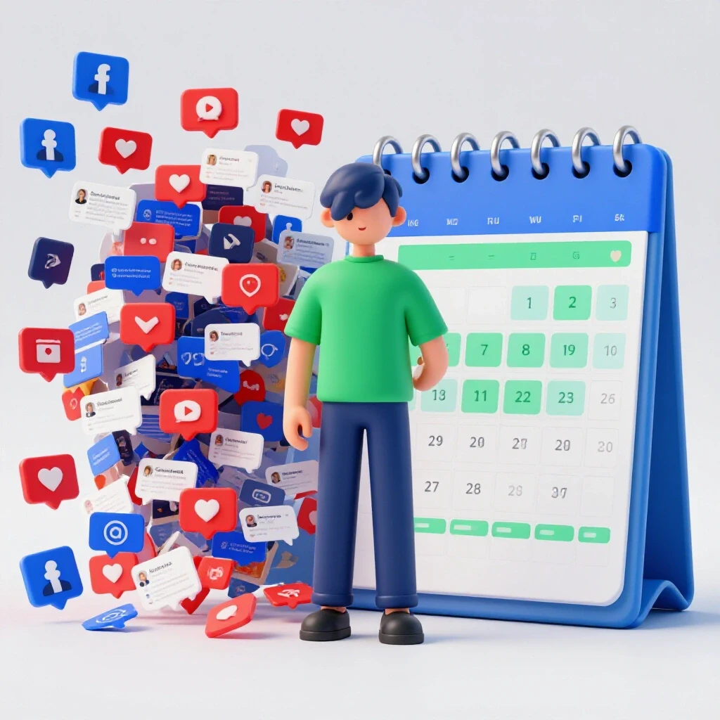 A split-image showing a chaotic social media feed on the left and an organized scheduling calendar on the right, emphasizing the contrast.