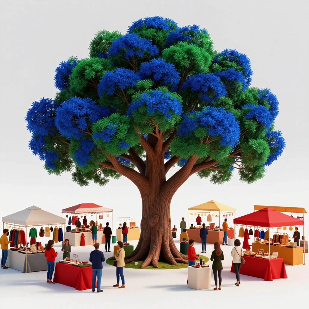 A large, sturdy tree symbolizing authority in a vibrant marketplace filled with diverse brands and creators, brightly lit background.