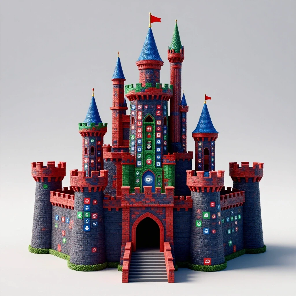 A towering castle made of vibrant social media icons, symbolizing authority in a bright studio setting