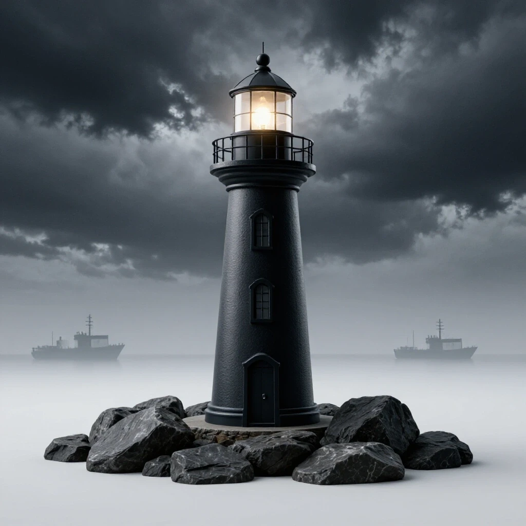 A striking lighthouse standing on rocky shore against a stormy sky, symbolizing authority and resilience amidst distant ships.