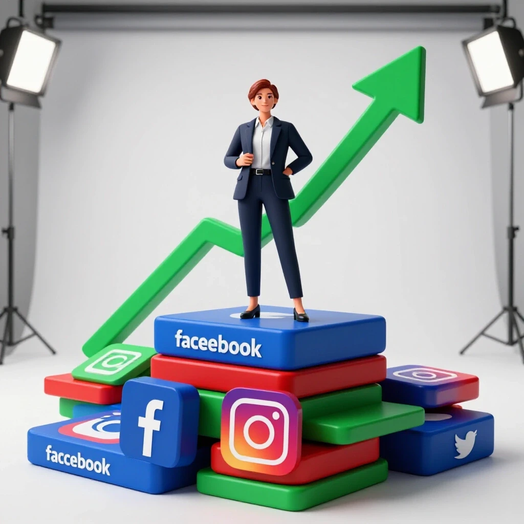 A confident young marketer stands on a stack of social media platforms representing growth, with an upward arrow in the background.