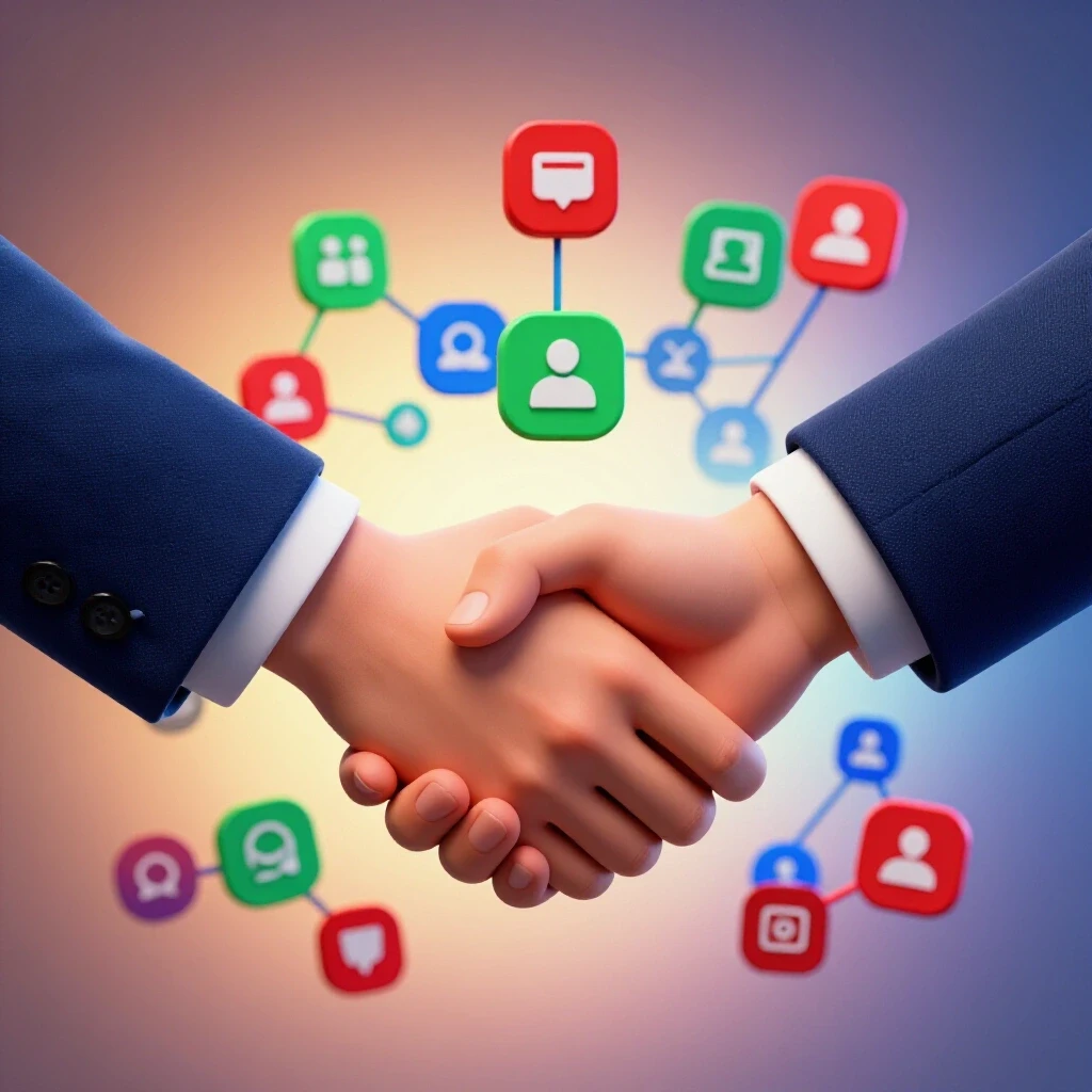 Two hands shaking amidst a vibrant network of social media icons, representing strong consulting relationships.