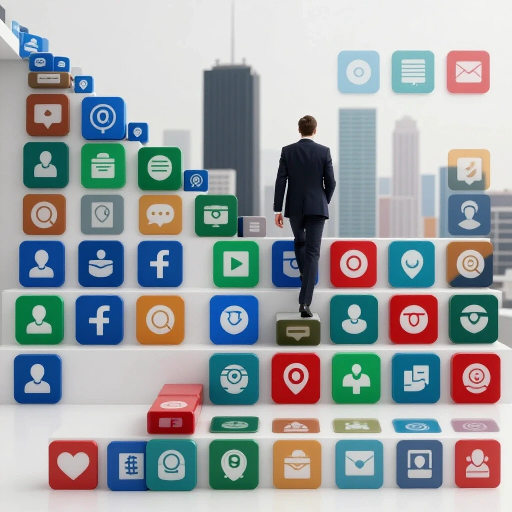 A figure climbs a staircase of colorful social media icons, representing the journey of building a consulting practice against a blurred city skyline.