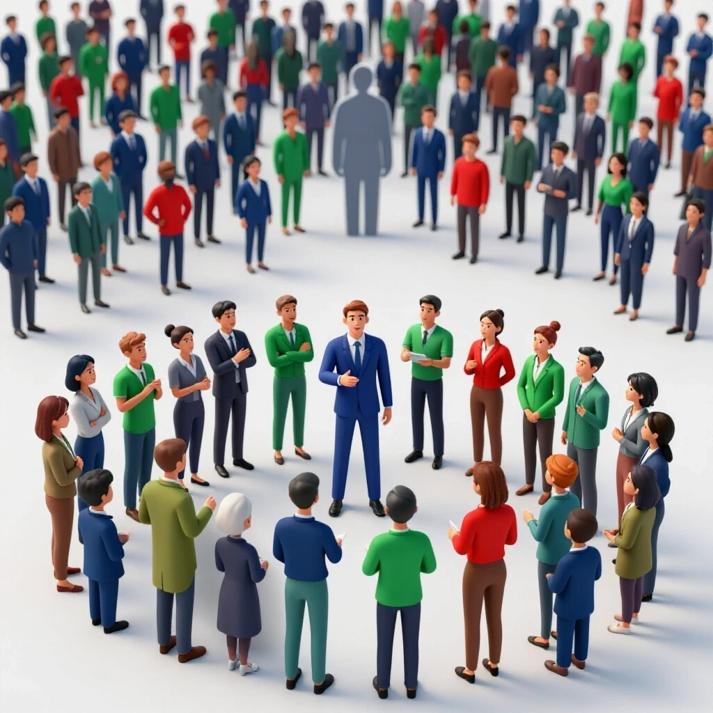 A diverse group of individuals energetically sharing ideas, illustrating the concept of social proof beyond follower numbers.