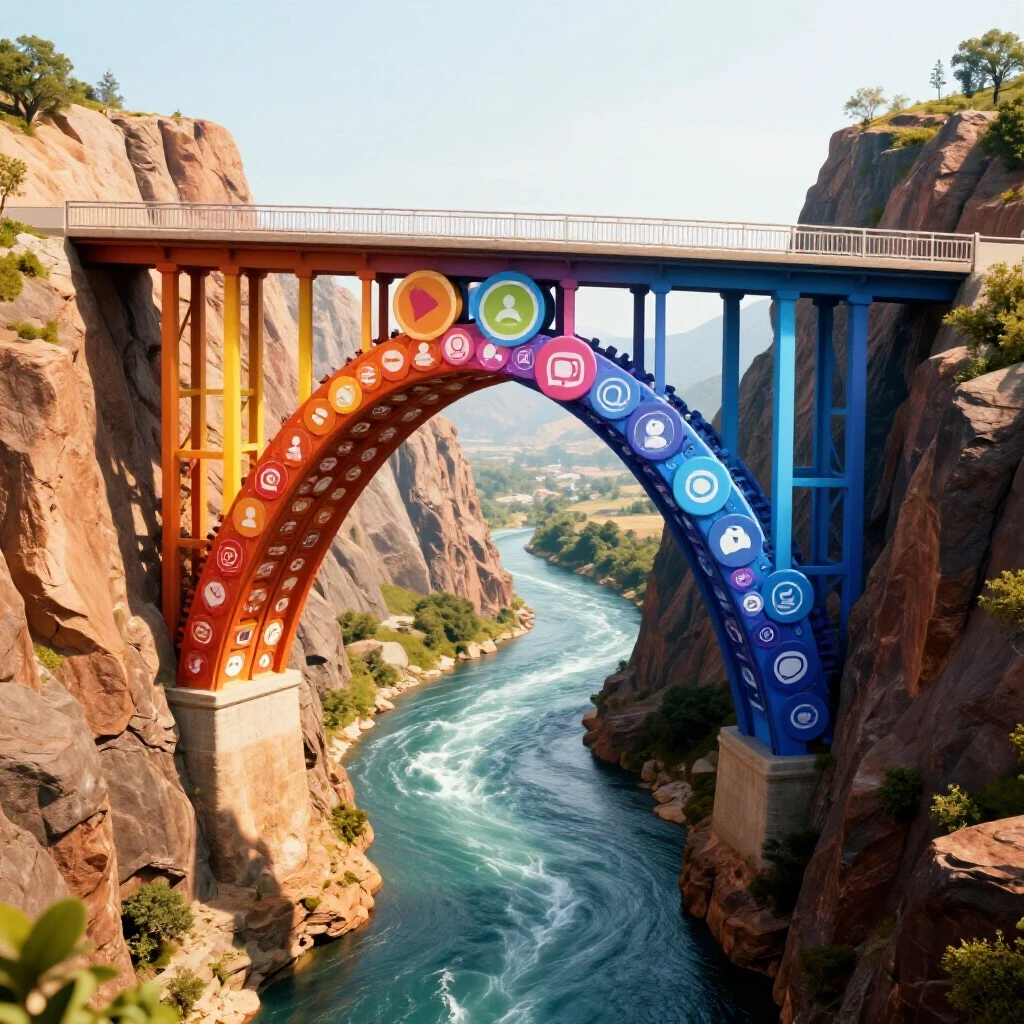 A 3D-rendered image of a bridge made of social media icons connecting two cliffs, with a river of engagement below.