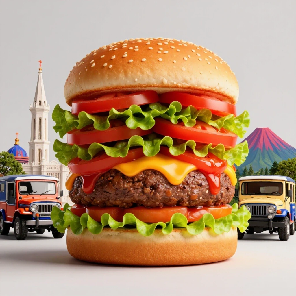 A vibrant oversized burger with colorful Filipino ingredients against iconic landmarks.