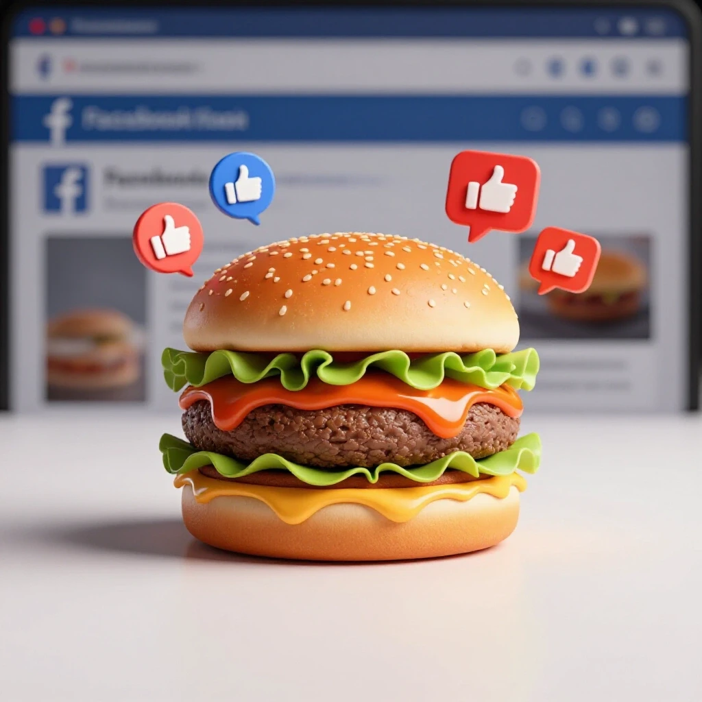 A vibrant 3D-rendered burger with dripping sauce against a blurred Facebook ad interface backdrop, symbolizing engagement.