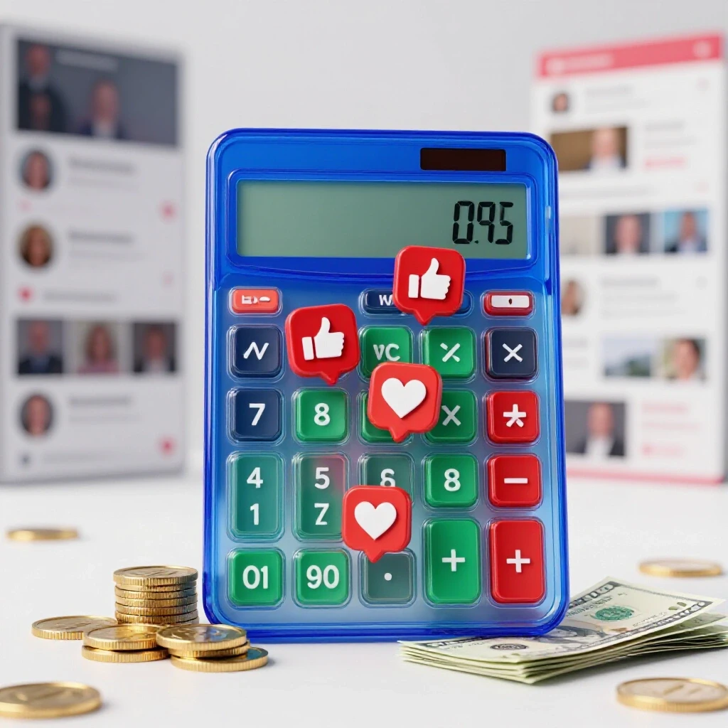 A transparent calculator surrounded by cascading social media icons, with coins and dollar bills in the foreground, illustrating ad profit.