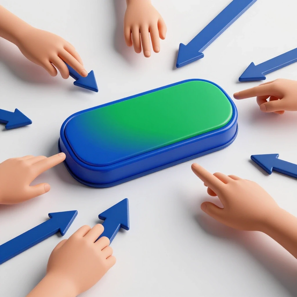 A visually striking 3D-rendered Facebook ad button in vibrant colors with arrows pointing towards it, symbolizing engagement.