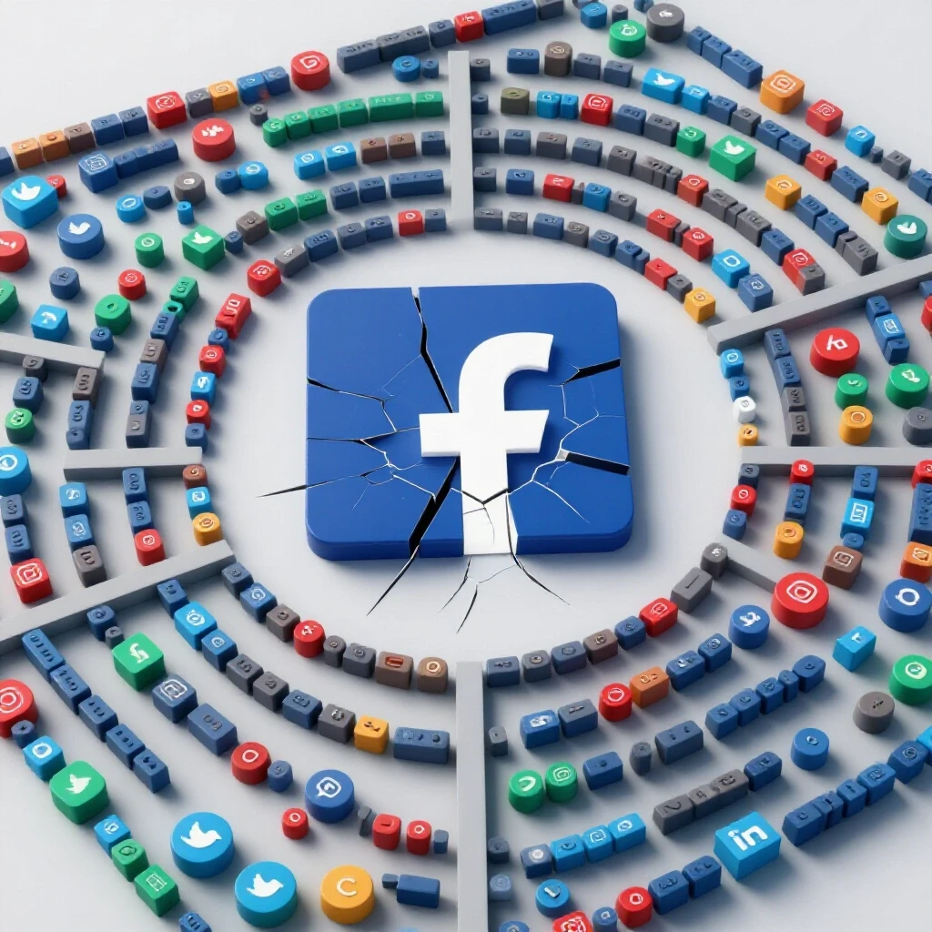 A shattered Facebook logo at the center, encircled by a maze of vibrant social media icons. Bright background.