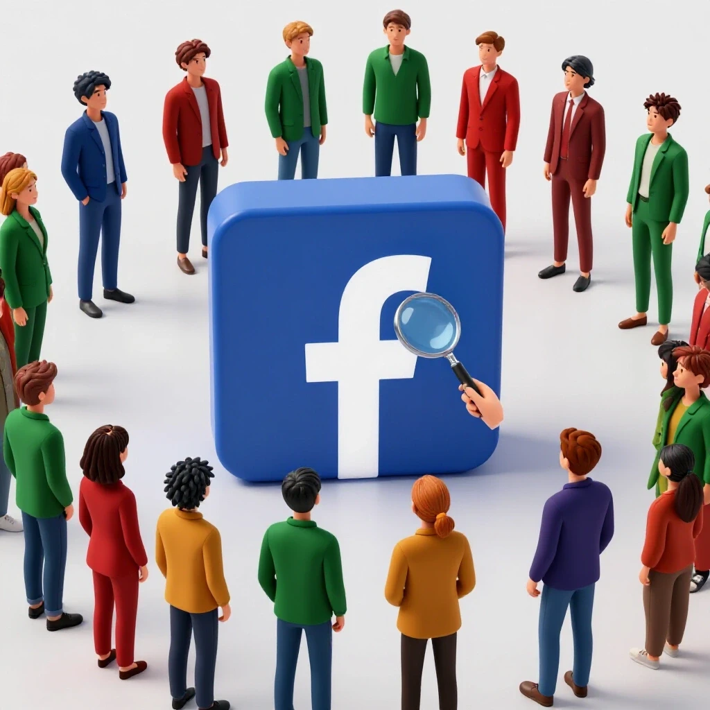 Diverse individuals exploring a giant Facebook logo with a magnifying glass, representing possibilities in ad space.