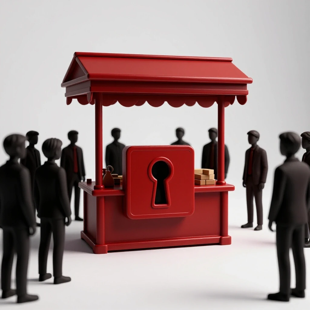 A vibrant image of a locked marketplace stall with a keyhole surrounded by shadowy figures peering in, symbolizing access restrictions.