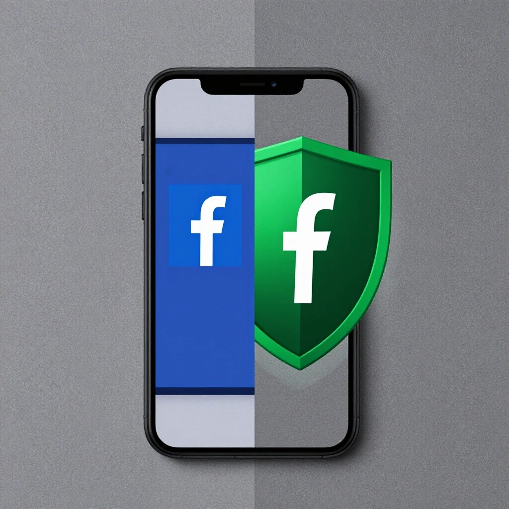 A split-image with a vibrant Facebook ad on a smartphone and a digital shield symbolizing ad blocking, creating visual tension.