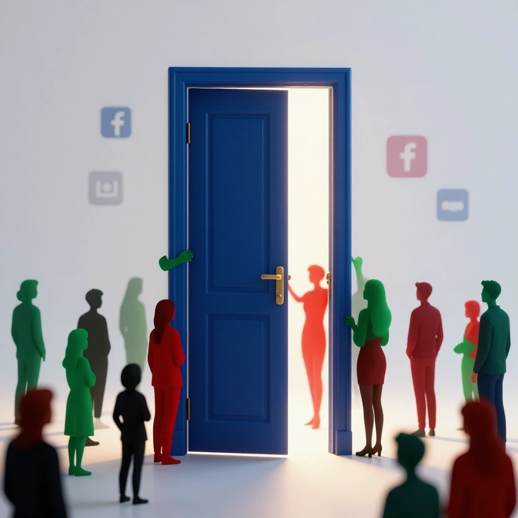 A vibrant, open door with silhouettes around it representing curiosity, illuminated by soft light, with social media icons in the background.