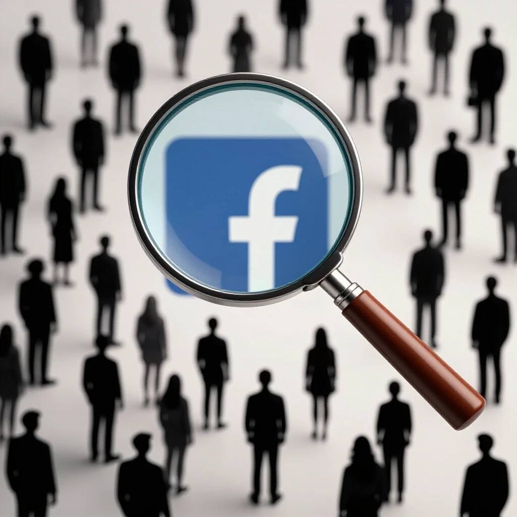 A magnifying glass over a blurred Facebook logo with silhouettes of people emerging, symbolizing mystery.