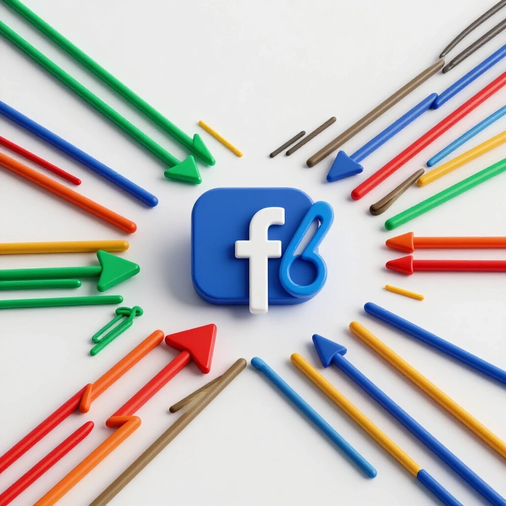 A 3D image showing Facebook logo and Bitly link symbol with dynamic arrows in a bright setting.