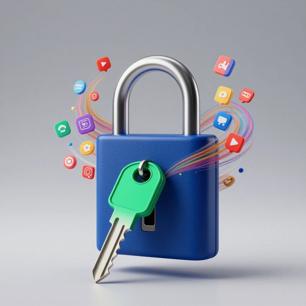 A digital lock being unlocked by a smartphone-shaped key, surrounded by social media icons against a clean, bright background.