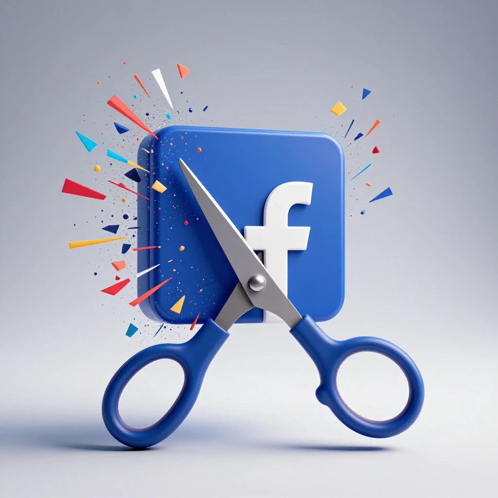 A vibrant Facebook logo being sliced in half by oversized scissors with colorful shards bursting out.