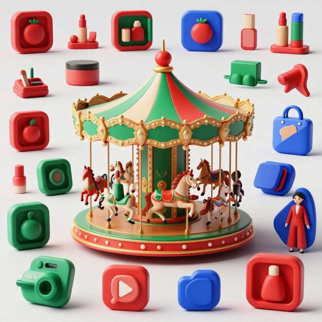 Vibrant 3D-rendered display of diverse products for Facebook carousel ads set in a bright environment.