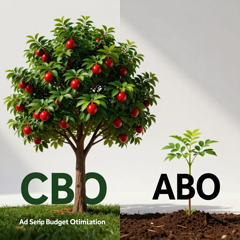 A split image illustrating CBO as a flourishing tree and ABO as a struggling plant, showcasing campaign optimization differences.