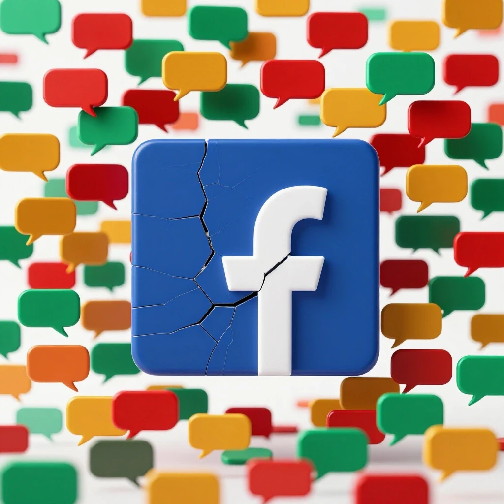 A cracked Facebook logo surrounded by colorful speech bubbles representing censorship and free expression.