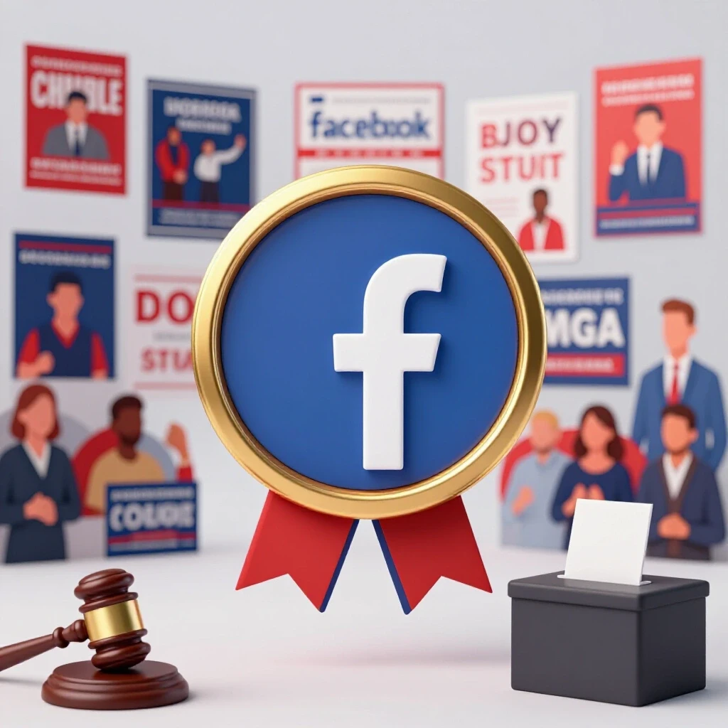 Facebook logo encircled by a gold certification badge with a political campaign backdrop.