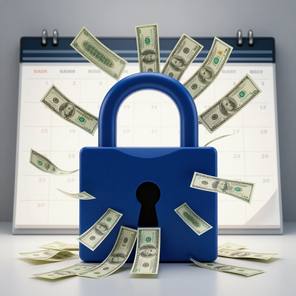 A lock symbol with dollar bills flowing out, set against a calendar backdrop, symbolizing flexible billing options.